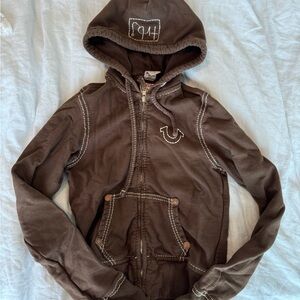 True religion, brown zip up hoodie